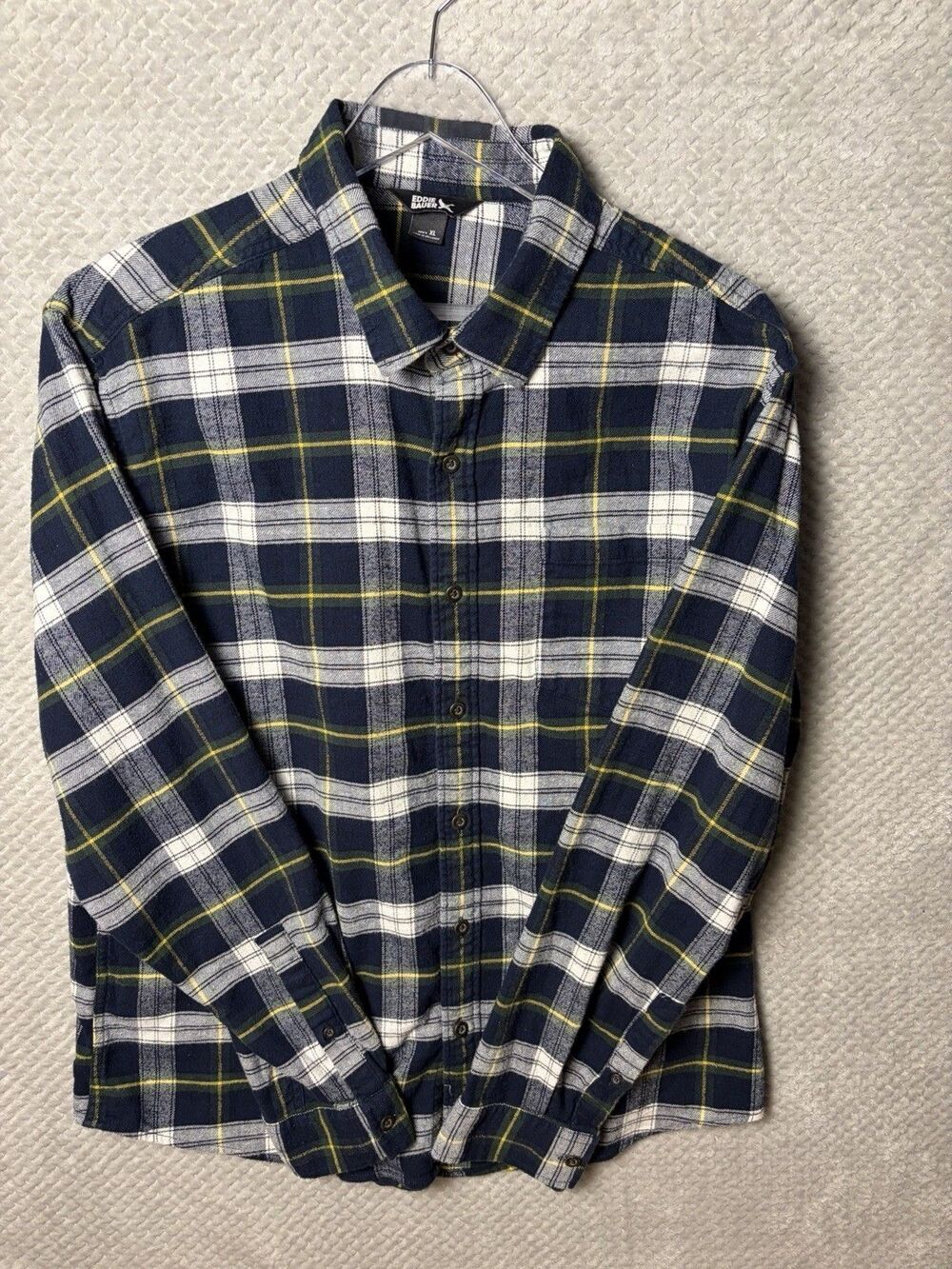 Eddie Bauer Men’s XL Plaid Flannel Shirt Navy Green Yellow White Cotton Stretch